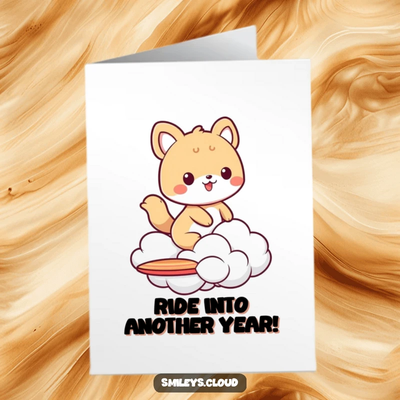 Funny Free Printable Birthday Card: Energetic animal character surfing a fluffy cloud like a surfboard, perfect for party cards.