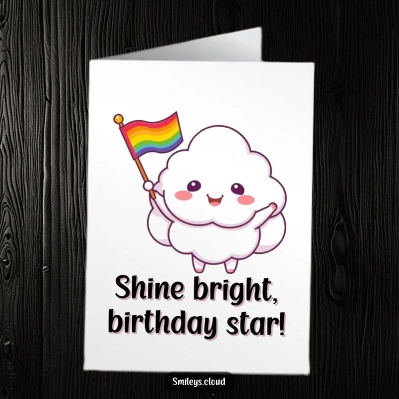 Funny Free Printable Birthday Card: Smiling cloud critter waving a vibrant rainbow flag, spreading birthday cheer.
