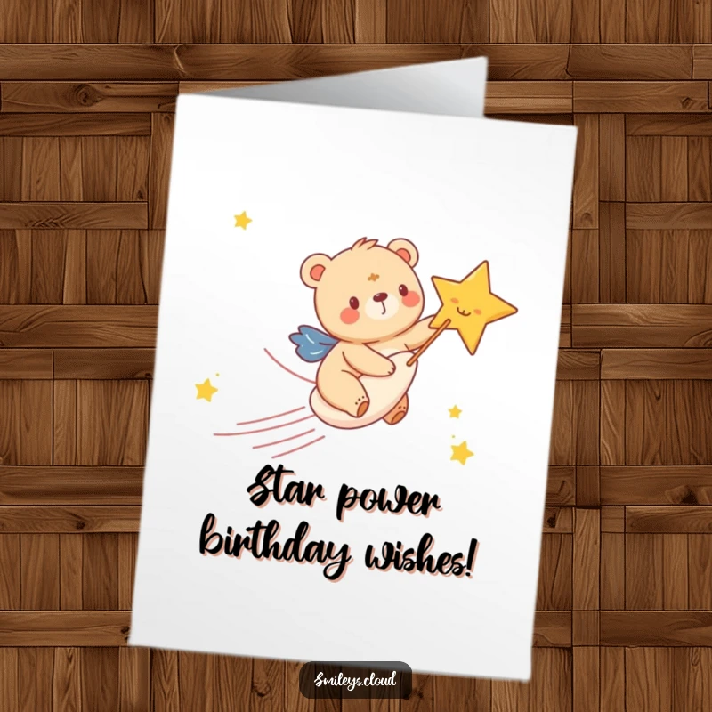 Funny Free Printable Birthday Card: Happy bear cub riding a shooting star with glee, celebrating with pure joy.