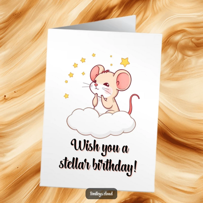 Funny free printable birthday card with a thoughtful mouse gazing at stars from a cloud, inspiring wonder and humor.