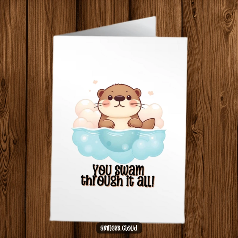 Funny Free Printable Congratulations Card depicting a brave otter confidently swimming through clouds, celebrating success with a playful spirit.