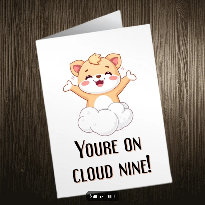 Funny Free Printable Congrats Card: A happy animal floats on a cloud with arms open, celebrating your success joyfully.