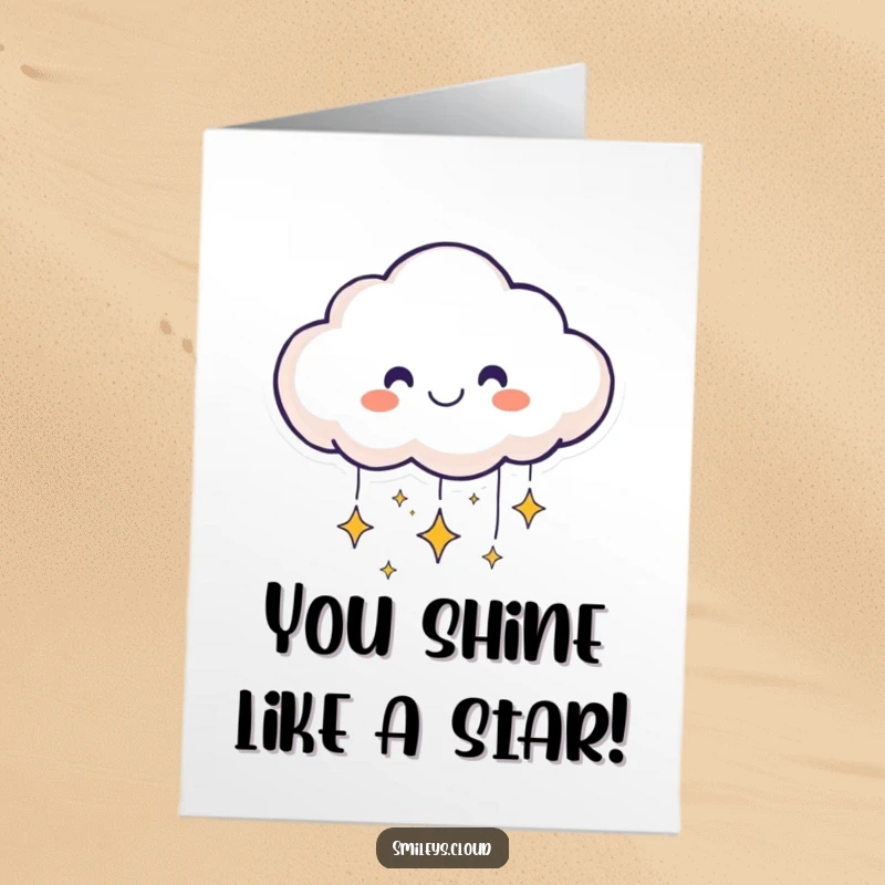 Funny Free Printable Congratulations Card: Smiling cloud face showering little sparkling stars downwards, celebrating success. A bright downloadable gift.