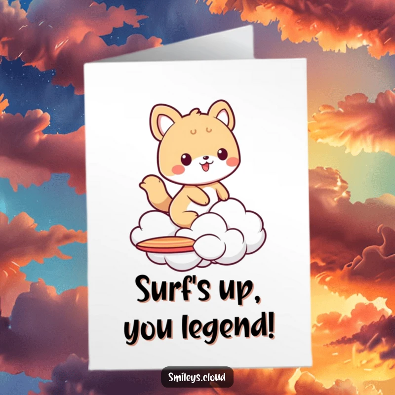 Funny Free Printable Congratulations Card: Cool animal character rides a fluffy cloud surfboard, ideal for celebration cards.