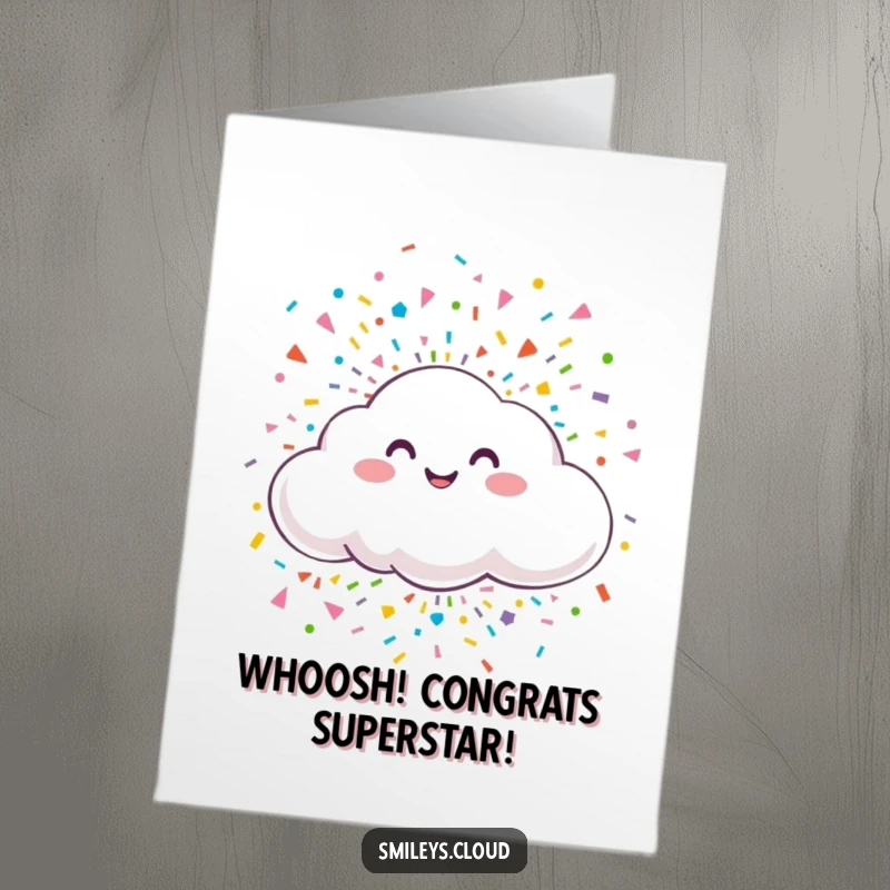 Funny Free Printable Congratulations Card: Happy cloud bursts with colorful confetti, ideal for joyous celebratory messages.