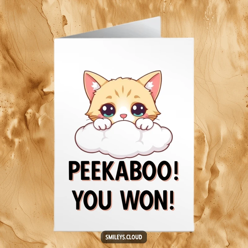 Funny Free Printable Congrats Card: A wide-eyed curious cat peeks over a cloud, observing a new wonder with playful interest.