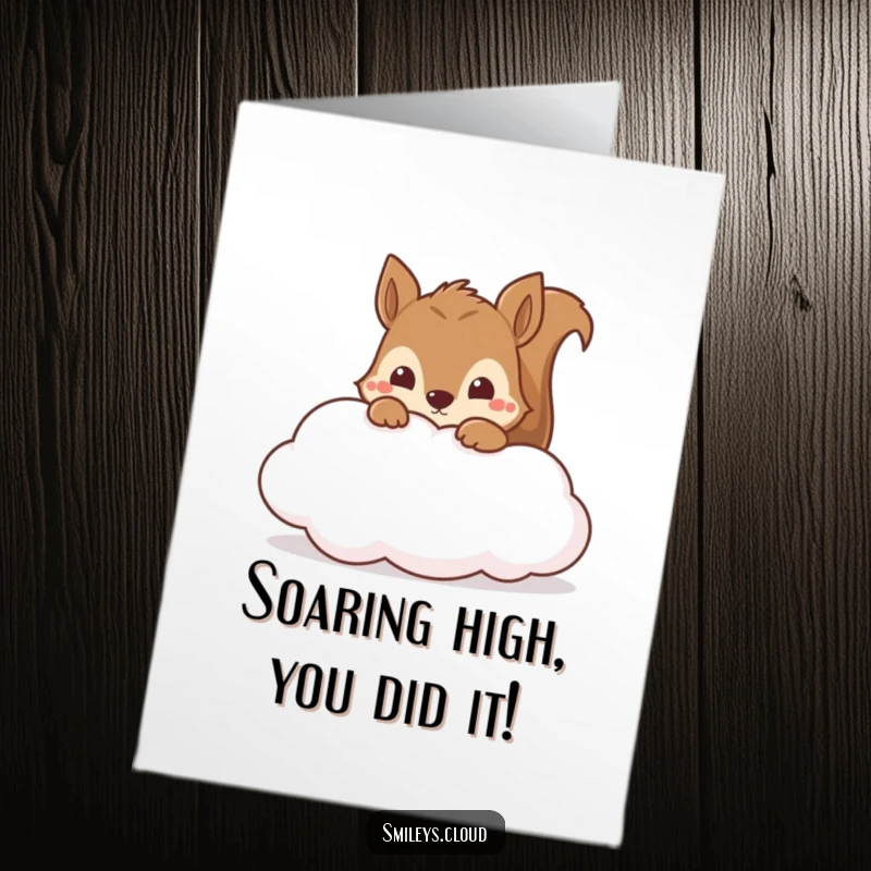 Funny Free Printable Congratulations Card with a curious squirrel peeking from a cloud, offering a delightful surprise.