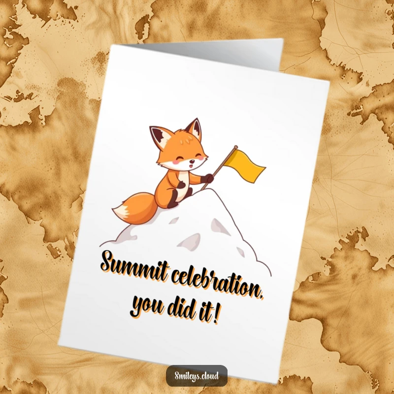 Funny Free Printable Congratulations Card: Fox planting a flag on a cloud, celebrating a monumental achievement with humor.