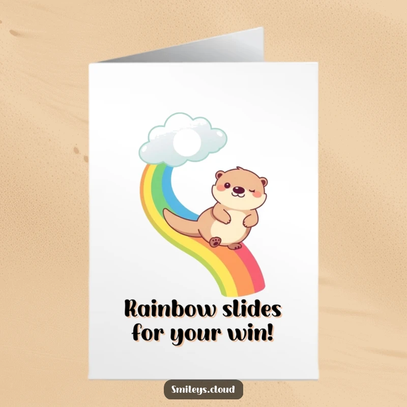 Funny Free Printable Congratulations Card showing a happy otter sliding down a rainbow, celebrating success with pure joy.