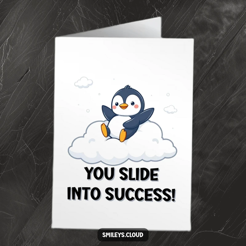 Funny Free Printable Congratulations Card: A peppy penguin enjoying a thrilling slide down a soft cloud.