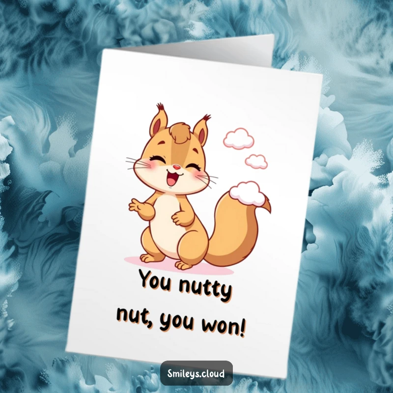 Funny free printable congratulations card, a giggling squirrel juggling small clouds, celebrating success with humor.