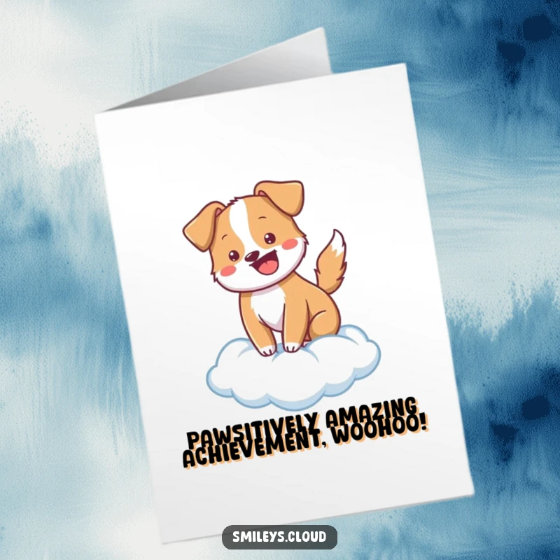 Funny Free Printable Congratulations Card featuring a cheerful dog wagging its tail on a fluffy cloud, celebrating success.