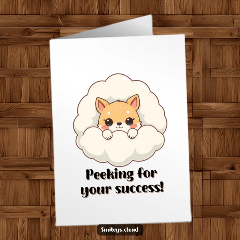 Funny Free Printable Congrats Card: A cute animal peeks from behind a large fluffy cloud, celebrating your success.