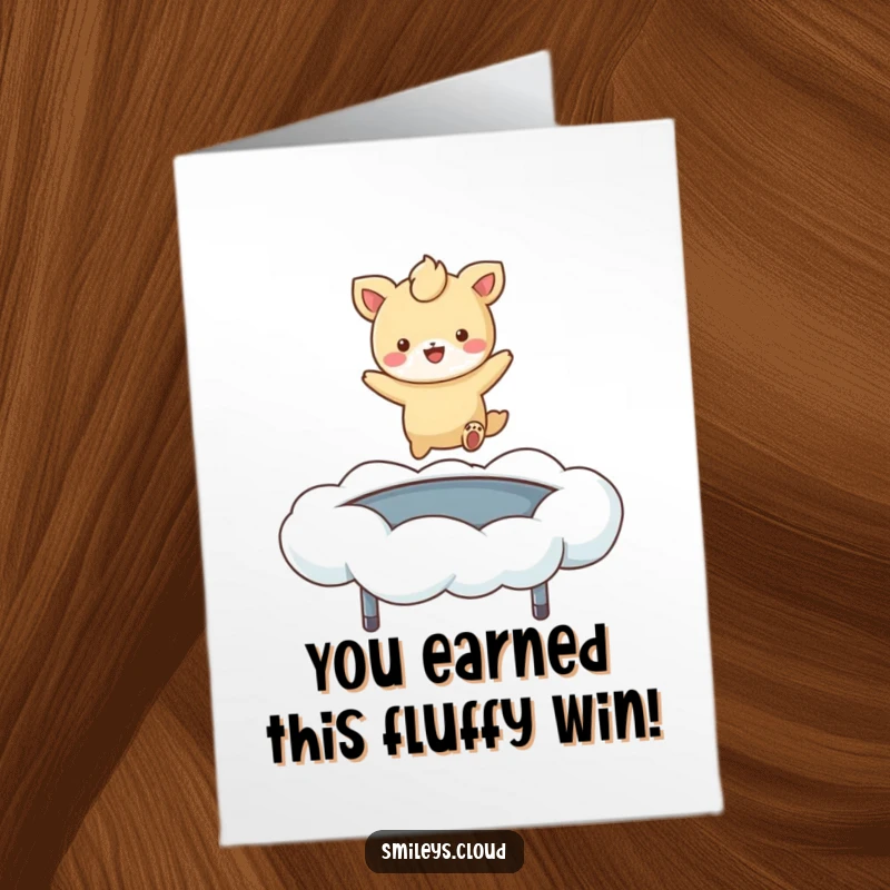 Funny Free Printable Congratulations Card: Excited animal leaps on a cloud trampoline, symbolizing exciting achievements, downloadable greeting.