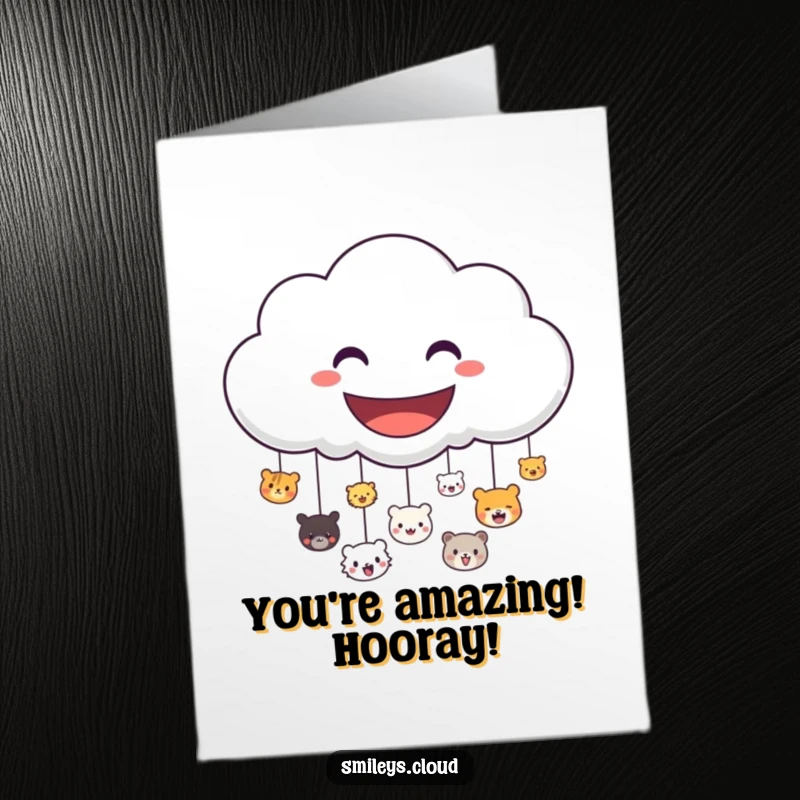 Free Printable Congrats Card: Grinning cloud showering tiny happy animal faces, celebrating success, downloadable art.