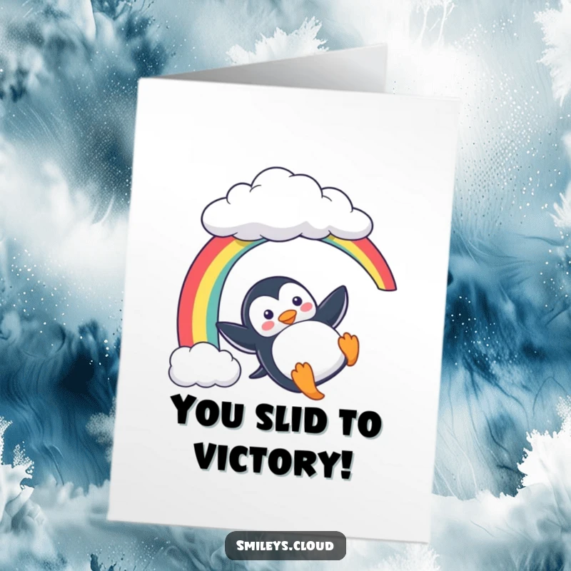 Funny Free Printable Congratulations Card: Playful penguin sliding down a rainbow, embodying a successful journey.