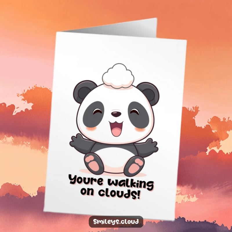 Funny Free Printable Congratulations Card: A smiling panda precariously balances a fluffy cloud, conveying sweet success.