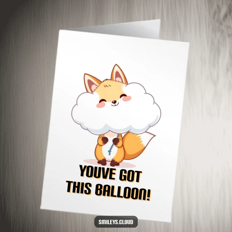 Funny Free Printable Congratulations Card: A happy fox floats a fluffy cloud like a balloon, celebrating your big win.