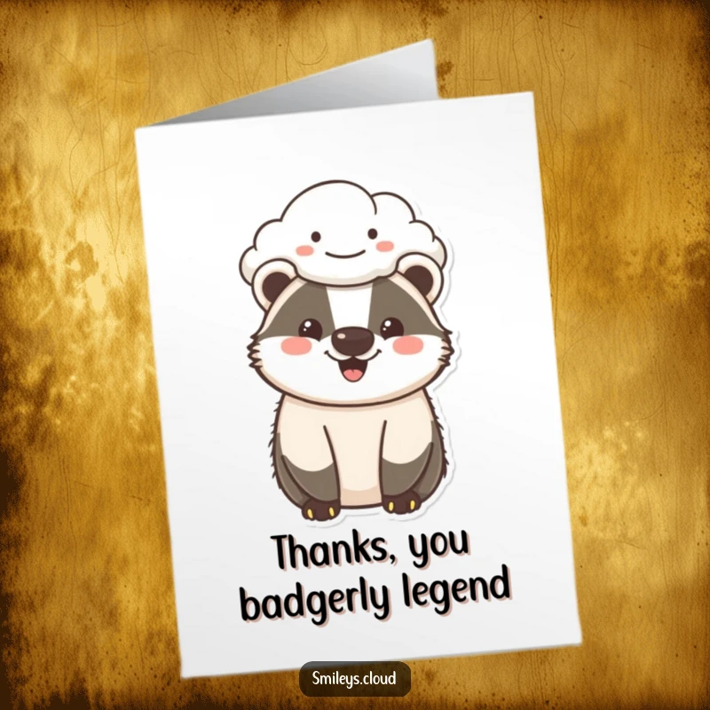 Funny Free Printable Thank You Card featuring a cheerful badger beneath a smiling cloud, conveying sincere gratitude humorously.