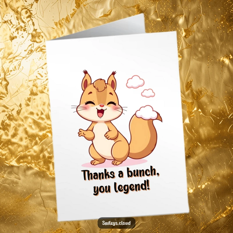 Funny free printable thank you card, a giggling squirrel juggling small clouds, showing playful gratitude.