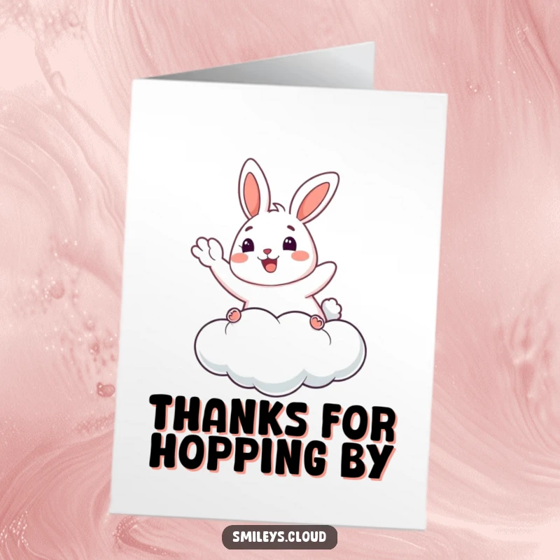 Funny Free Printable Thank You Card: A happy bunny floating on a cloud, waving to express thanks.