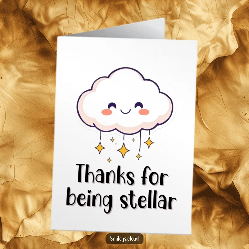 Funny Free Printable Thank You Card: Smiling cloud face sending down little sparkling stars, expressing thanks. A stellar downloadable gift.