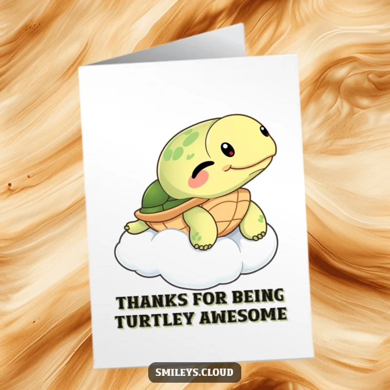 Funny free printable thank you card, a winking turtle floating peacefully on a cloud, expressing thanks.