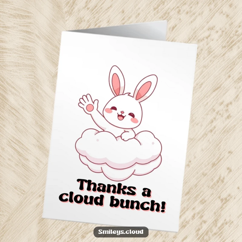 Funny Free Printable Thank You Card: Cheerful bunny on a fluffy cloud, waving hello, expressing gratitude sweetly.