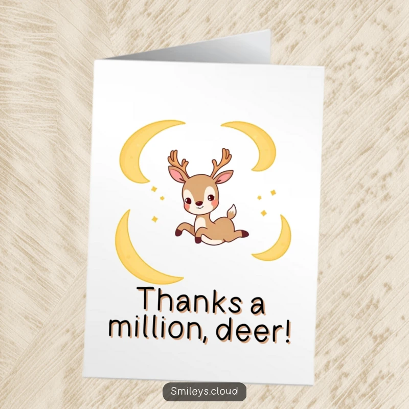 Funny Free Printable Thank You Card: A joyful deer gracefully leaping from one crescent moon to another.