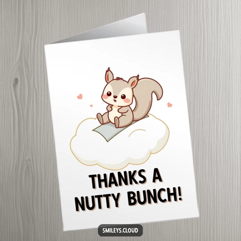 Funny Free Printable Thank You Card: A silly squirrel slides down a cloud, sending thanks with a playful, energetic vibe.