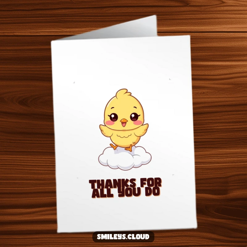 Funny Free Printable Thank You Card: A bouncing chick character joyfully hopping on a cloud, a sweet downloadable gift.