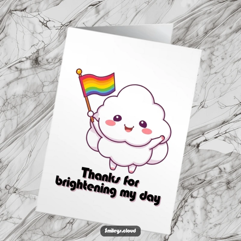 Funny Free Printable Thank You Card: Happy cloud critter holding and waving a rainbow flag, expressing colorful thanks.