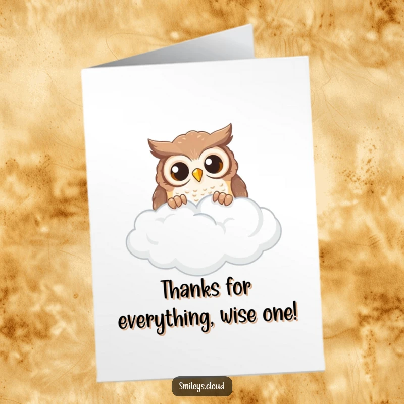 Funny Free Printable Owl Thank You Card: Curious owl peers over a cloud edge, sending a funny thank you.