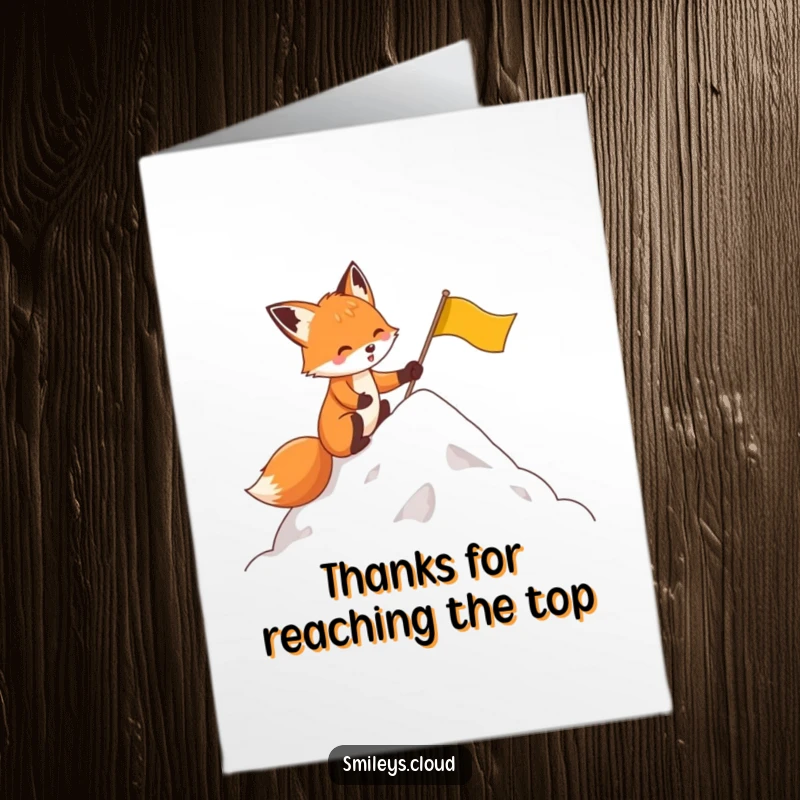 Funny Free Printable Thank You Card: Determined fox planting a flag on a cloud, expressing gratitude humorously.