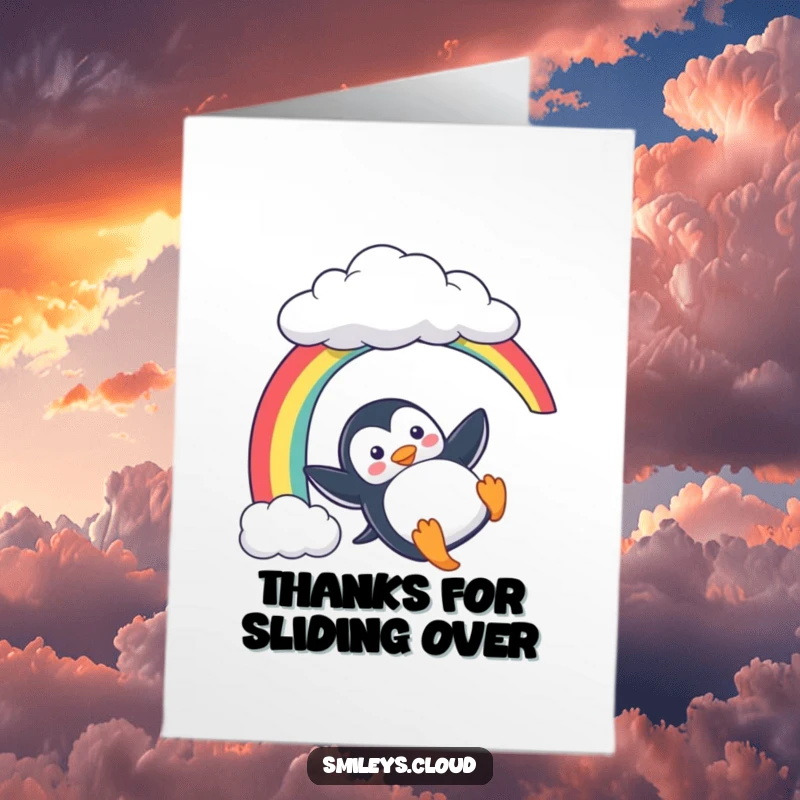 Funny Free Printable Thank You Card: A playful penguin sliding down a rainbow, conveying thanks colorfully.