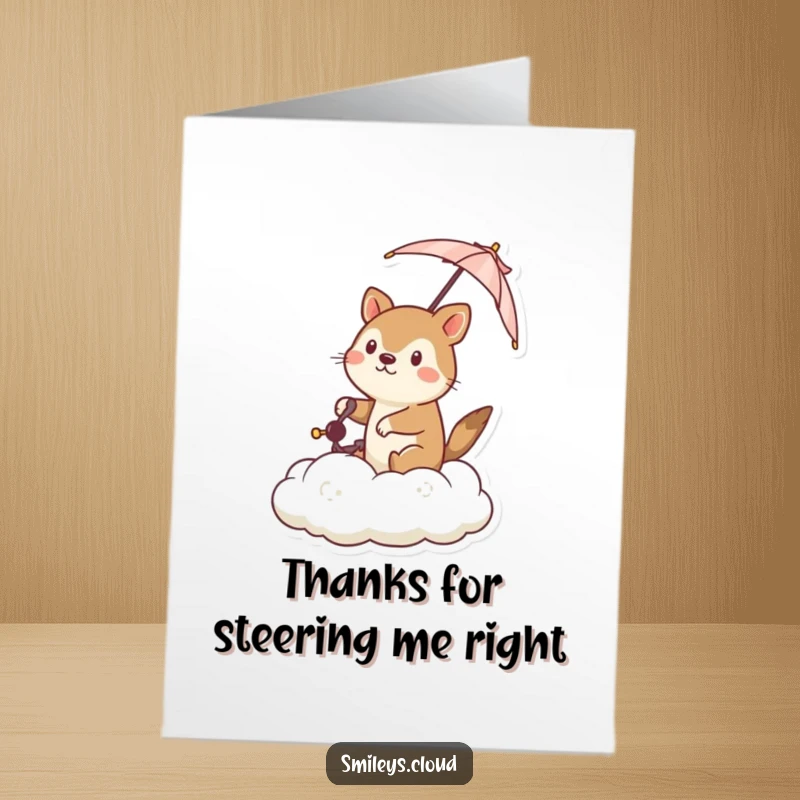 Funny Free Printable Thank You Card: An animal purposefully guiding a cloud with a small umbrella, a visually witty thank you.