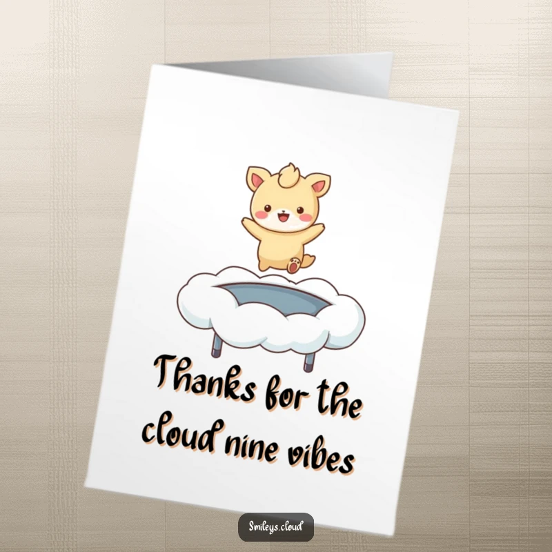 Funny Free Printable Thank You Card: Adorable animal gleefully bounces on a cloud, showing gratitude, downloadable art.