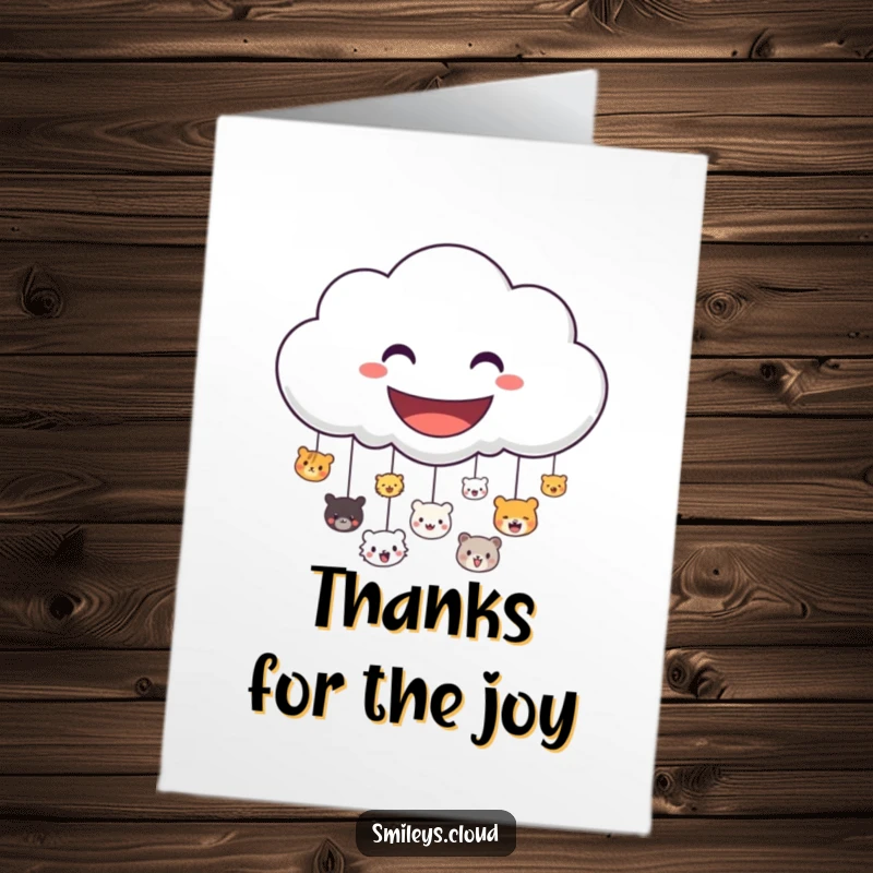 Free Printable Thank You Card: Happy cloud raining tiny smiling animal faces, expressing gratitude, downloadable art.