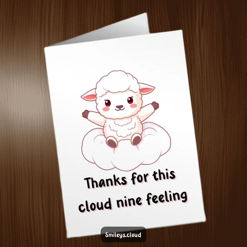Funny Free Printable Thank You Card: A fluffy sheep floats peacefully on a cloud, arms outstretched in a gesture of thanks.