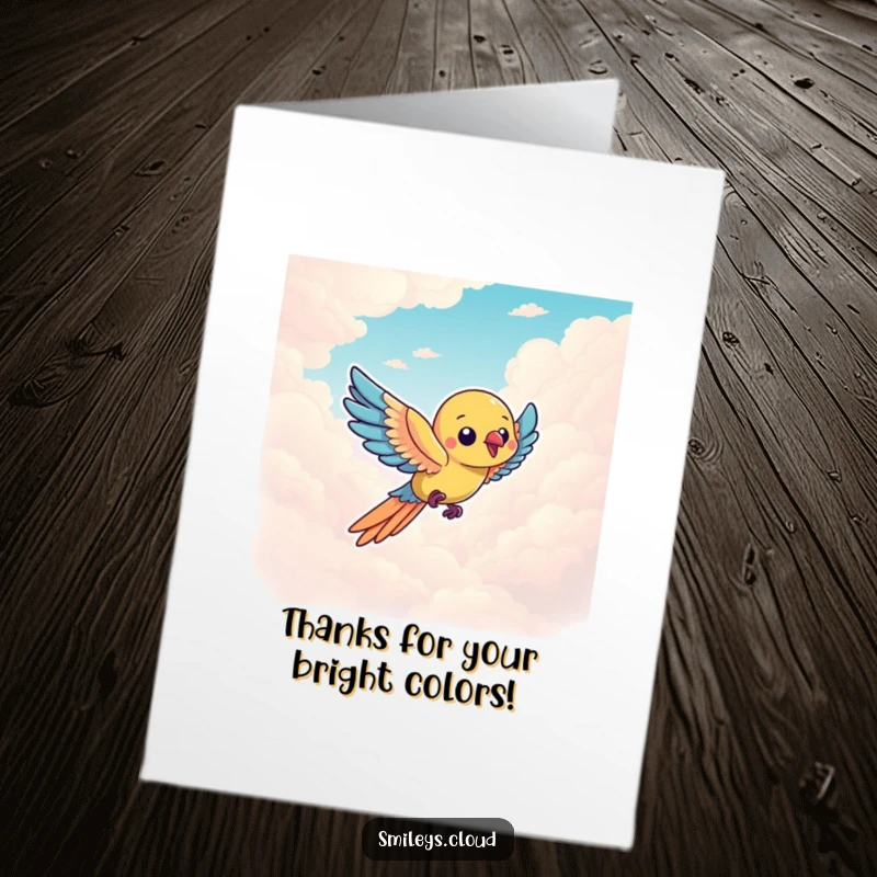 Funny Free Printable Thank You Card: Vibrant parrot flying joyfully through clouds, conveying heartfelt and colorful thanks.