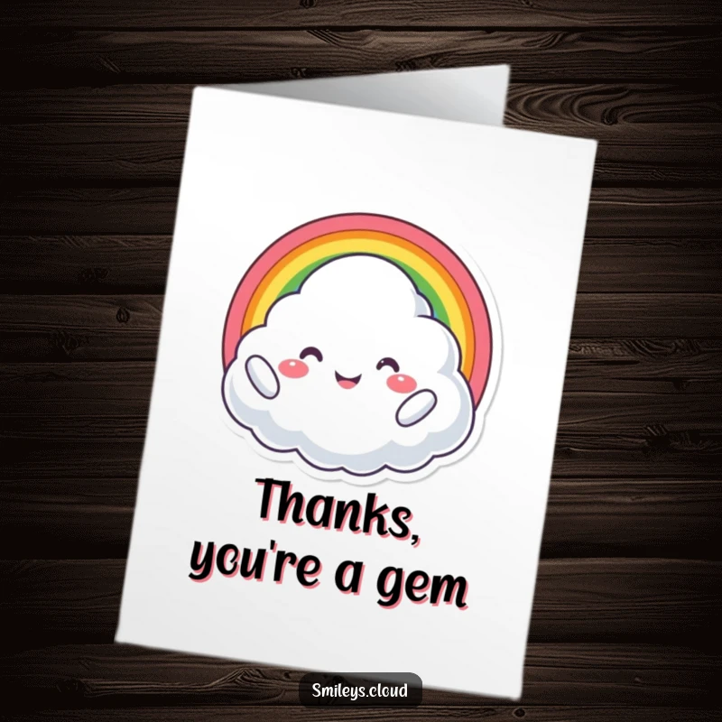 Free Printable Thank You Card: Proud cloud holding a rainbow, beaming with joy, expressing gratitude, downloadable art.