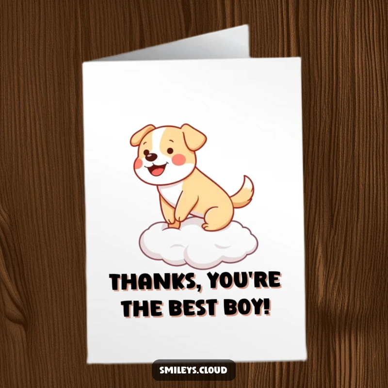 Funny Free Printable Dog Thank You Card: Happy dog balancing on a cloud, its tail wagging with thanks.