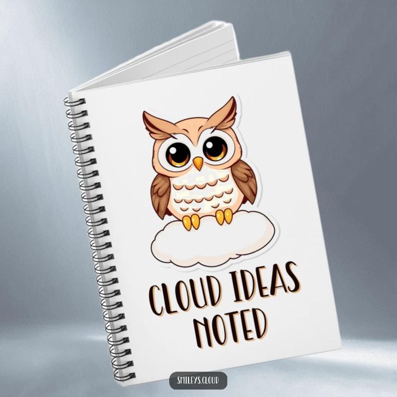 Funny owl notebook with a curious owl on a cloud, perfect for capturing thoughts with a touch of whimsical humor and personality.