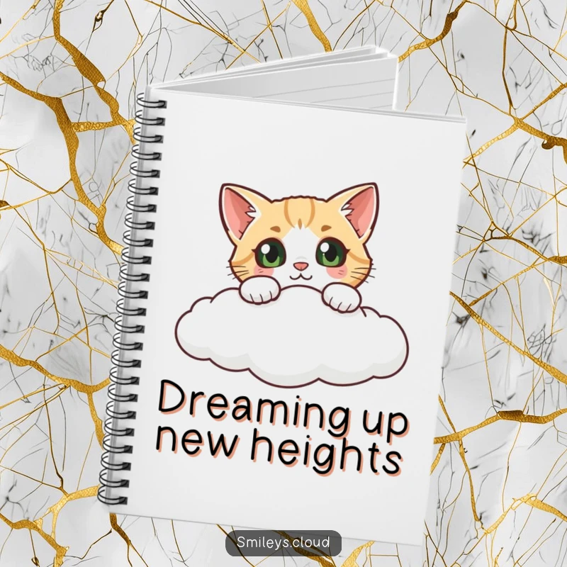 Funny cat notebook, a curious cat peeking over a cloud, designed for capturing thoughts with whimsical, playful inspiration.