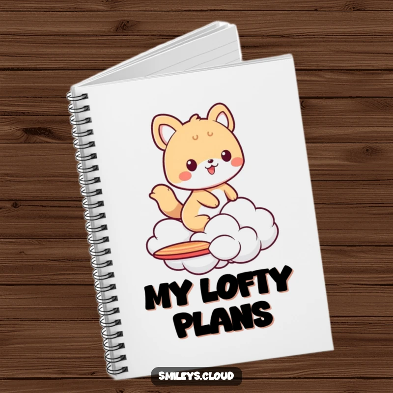 Funny notebook with an animal character surfing on a cloud, designed for jotting down ideas with a humorous, adventurous twist.