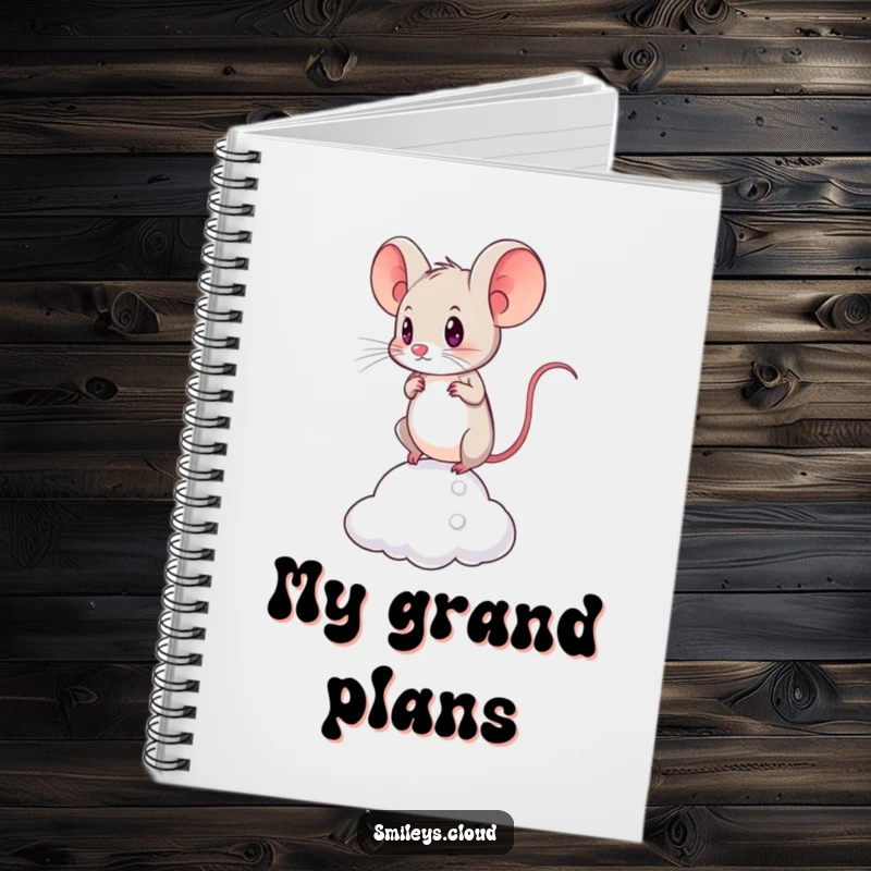 Funny notebook with a cover showing a brave mouse determinedly balancing on a cloud, inspiring perseverance and focus.