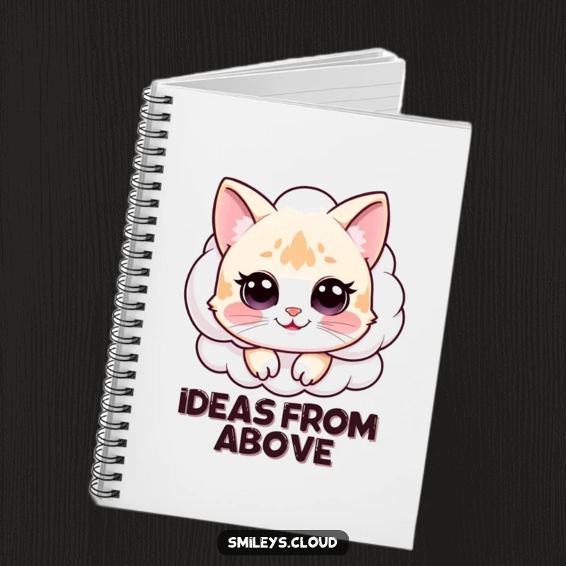 Funny notebook featuring a happy cat peeking over a fluffy white cloud, perfect for jotting down funny ideas.