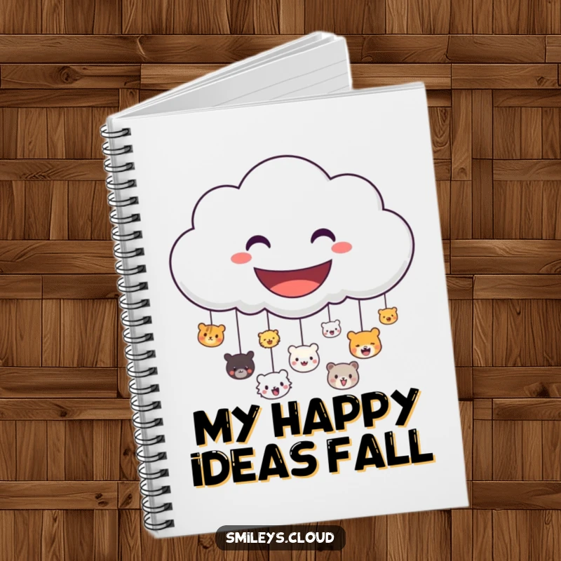 Funny notebook featuring a grinning cloud character raining down happy animal faces, ideal for capturing cheerful notes.