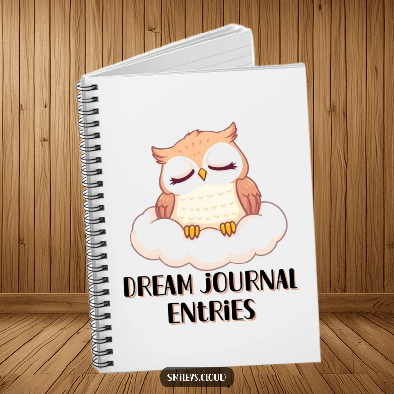 Funny notebook with a cover showing a content owl napping on a fluffy cloud, inspiring creativity and rest.