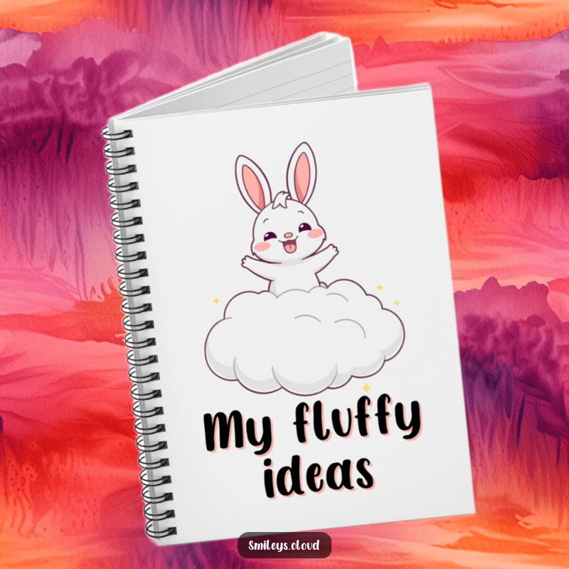 Funny grinning bunny bouncing on a cloud on the cover of a notebook, ideal for jotting down inspired thoughts.